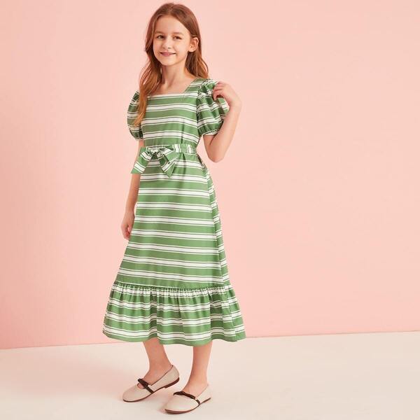 

Girls Puff Sleeve Ruffle Hem Belted Striped Dress, Green pastel