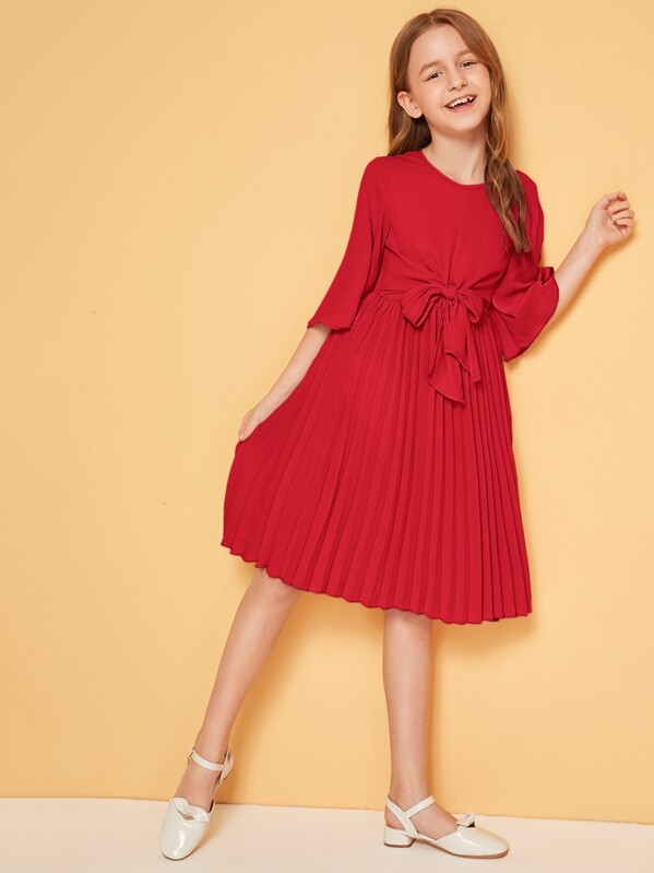 

Girls Solid Tie Front Pleated Hem Dress, Red, Sashab