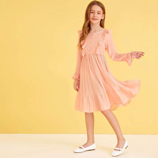 

Girls Button Front Ruffle Trim Pleated Dress, Pink pastel