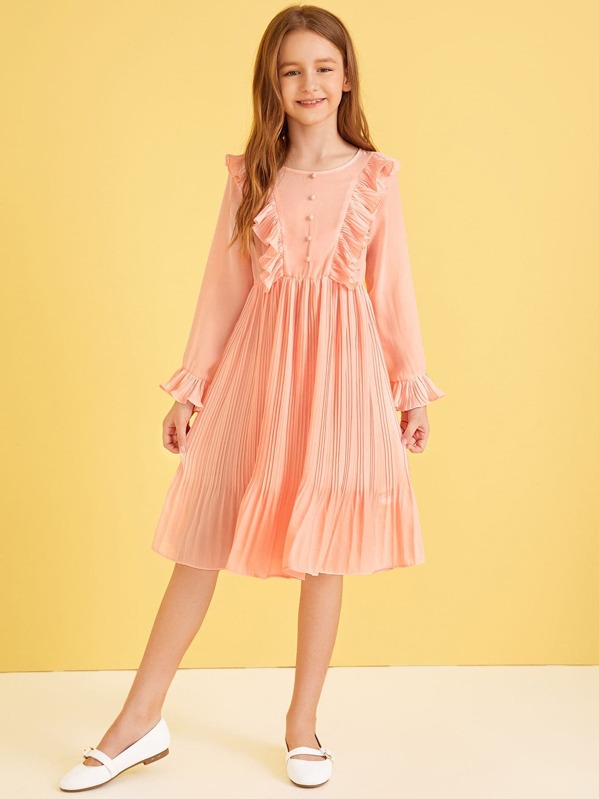 Girls Button Front Ruffle Trim Pleated Dress, Pink, Sashab