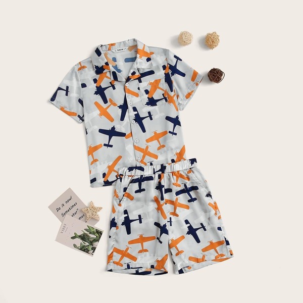 

Boys Airplane Pocket Blouse & Shorts PJ Set, Multicolor