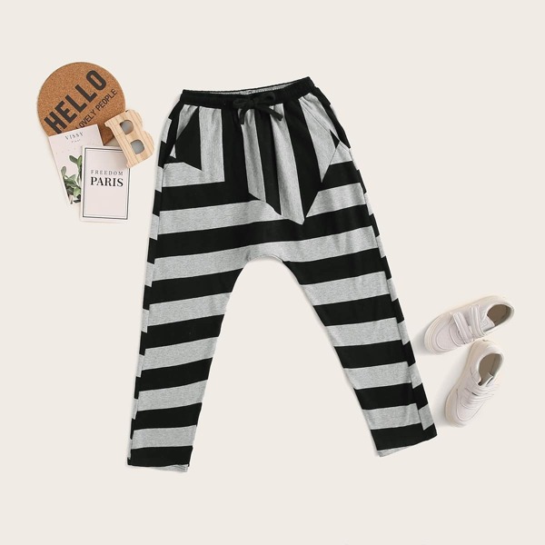 

Boys Elastic Waist Patchwork Front Striped Pants, Multicolor