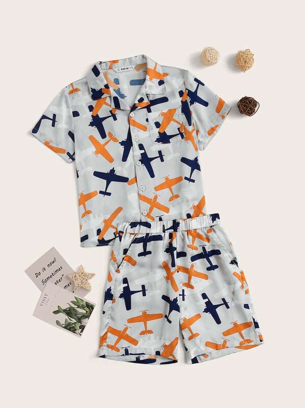 

Boys Airplane Pocket Blouse & Shorts PJ Set, Multicolor