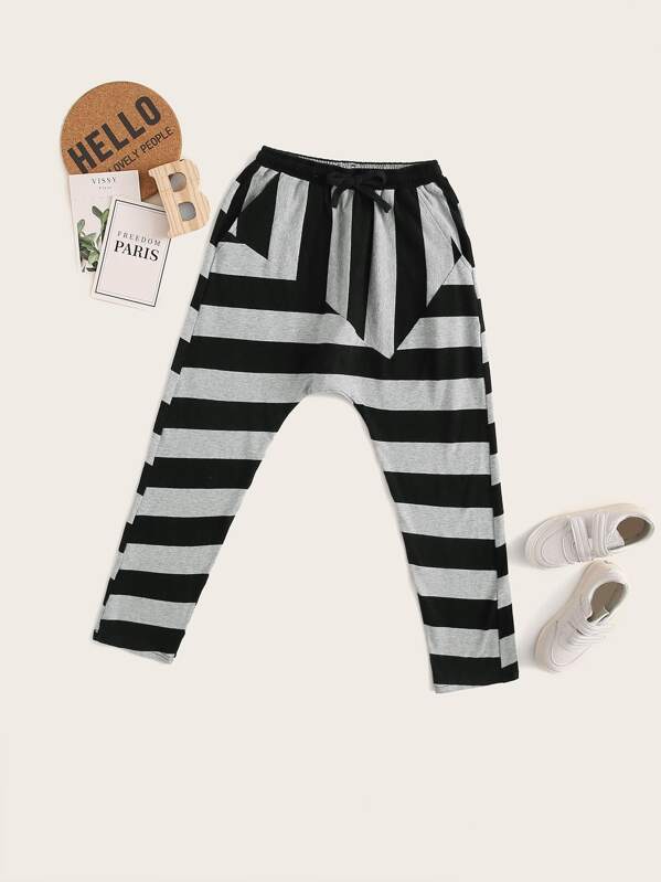 

Boys Elastic Waist Patchwork Front Striped Pants, Multicolor