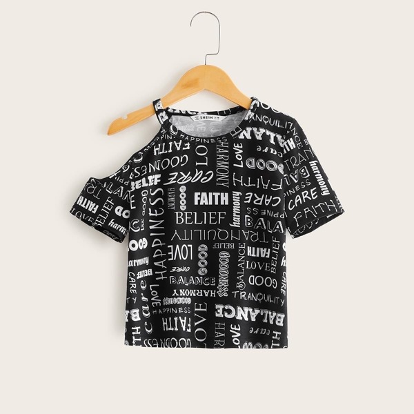 

Girls Letter Print Asymmetrical Neck Tee