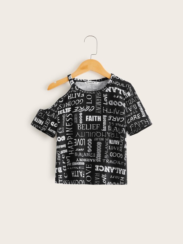 

Girls Letter Print Asymmetrical Neck Tee, Black