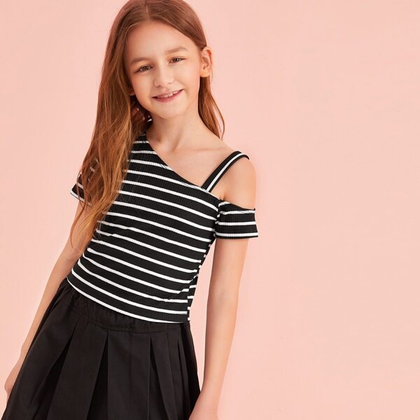 

Girls Striped Asymmetrical Neck Rib-knit Top