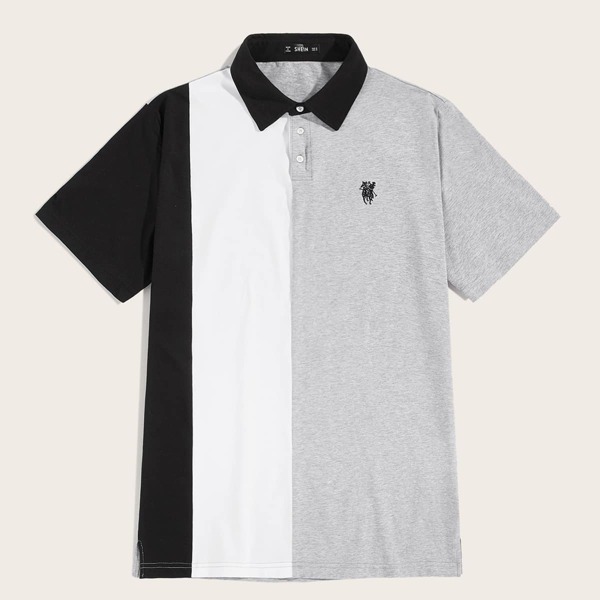 

Men Embroidered Detail Split Side Colorblock Polo Shirt