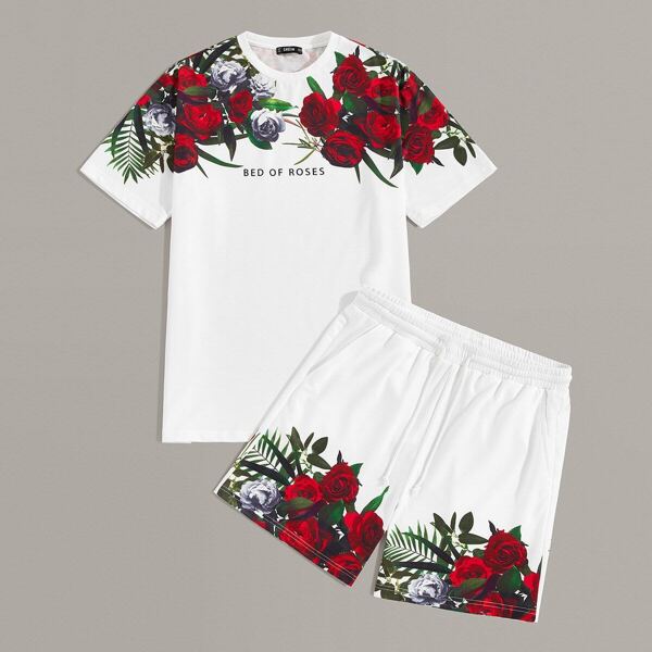 

Men Slogan and Floral Print Top & Shorts Set