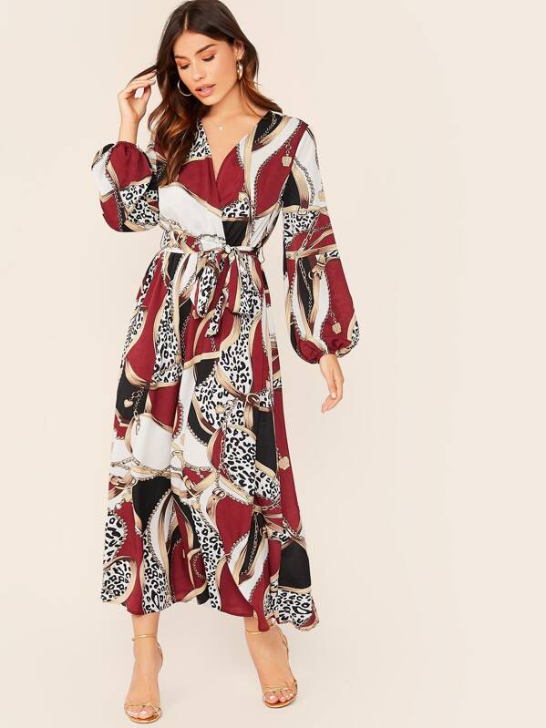 

Leopard & Chain Print Wrap Belted Dress, Multicolor, Carmen S