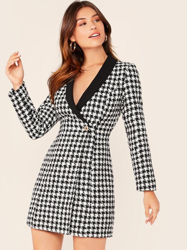 

Shawl Collar Wrap Button Front Plaid Blazer Tweed Dress, Black and white, Carmen S