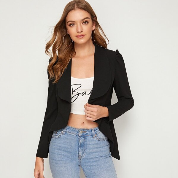 

Solid Waterfall Neck Asymmetrical Hem Blazer, Black