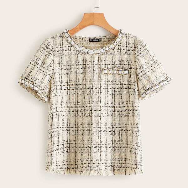 

Plaid Raw Hem Tweed Top, Beige