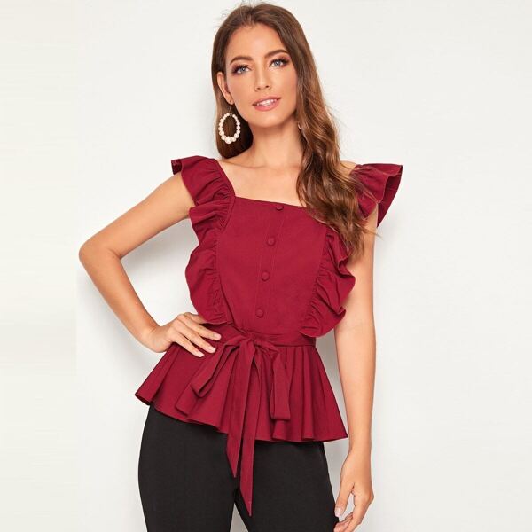 

Solid Ruffle Trim Button Detail Belted Top, Burgundy