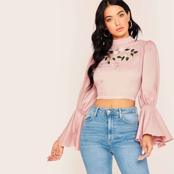 

Zipper Back Embroidery Detail Flounce Sleeve Crop Top, Pink