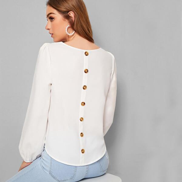

Button Detail Back Lantern Sleeve Top, White