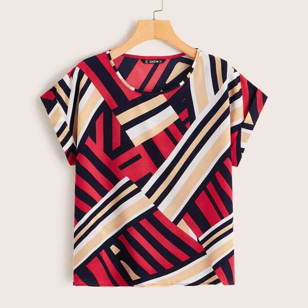 

Rolled Sleeve Geo Print Top