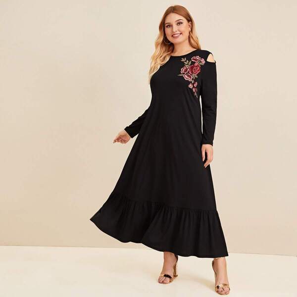 

Plus Cold Shoulder Appliques Detail Ruffle Hem Dress, Black