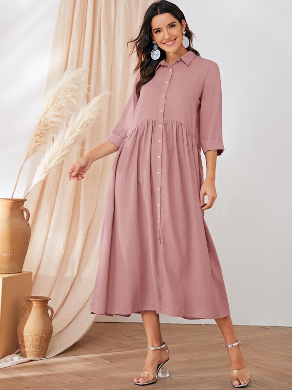 

Single Breasted Cuffed Smock Shirt Dress, Pink, Juliana