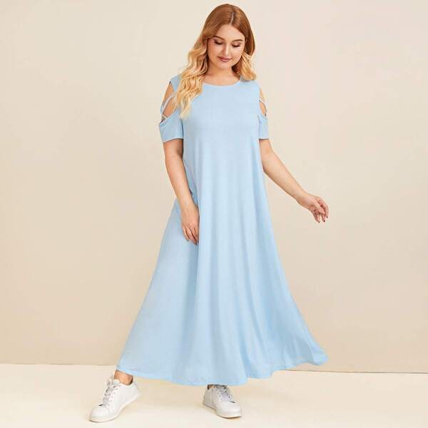 

Plus Solid Criss-cross Sleeve Trapeze Dress