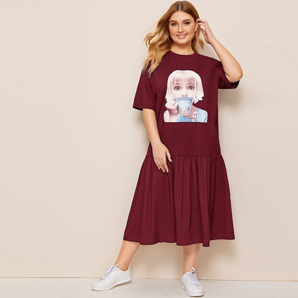 

Plus Figure Graphic Ruffle Hem Tee Dress, Burgundy