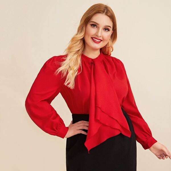 

Plus Tie Neck Lantern Sleeve Solid Blouse, Red bright