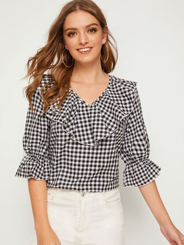 V-neck Ruffle Trim Gingham Print Top, Black and white, Luiza