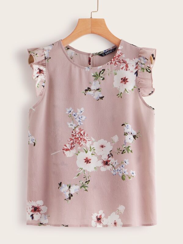 

Floral Ruffle Trim Keyhole Back Top, Pink