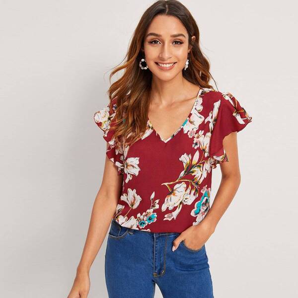 

Butterfly Sleeve Floral Print Top