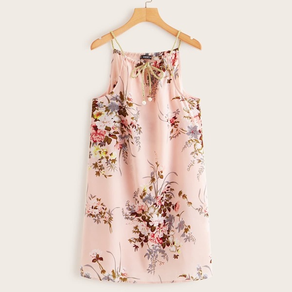

Pearls Tie Neck Floral Print Dress, Pink pastel
