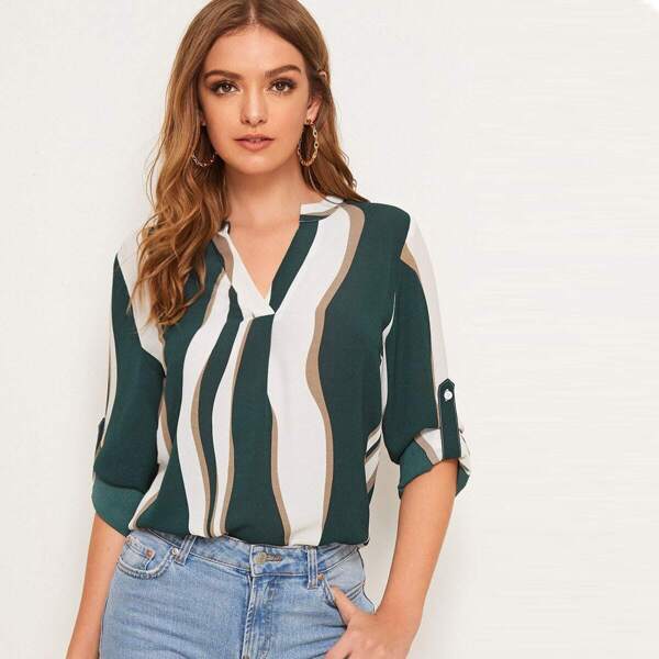 

V-cut Neck Rolled Tab Sleeve Top, Multicolor