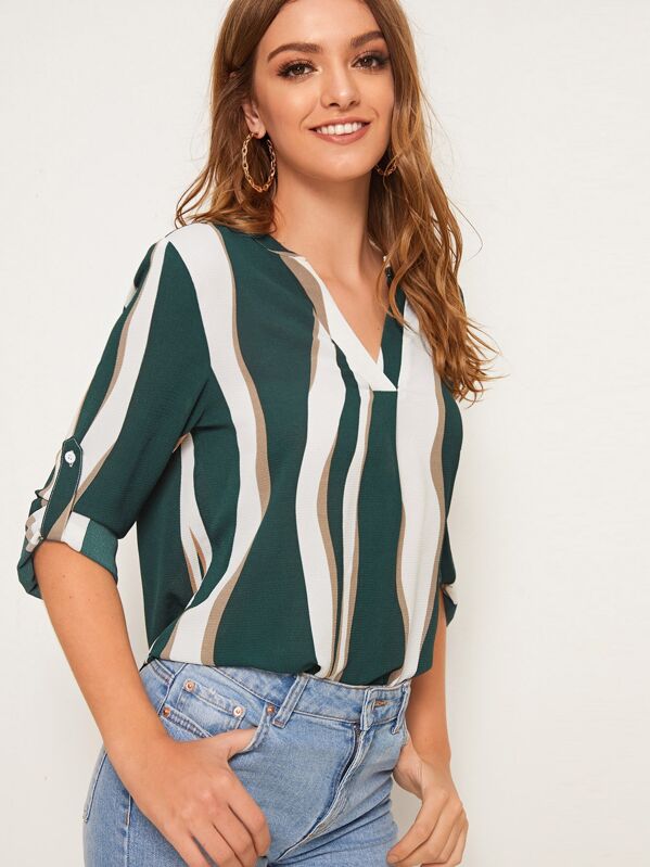 

V-cut Neck Rolled Tab Sleeve Top, Multicolor, Luiza