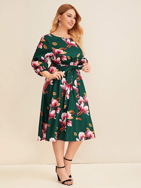 

Plus Self Belted Floral Print Dress, Multicolor, Nora
