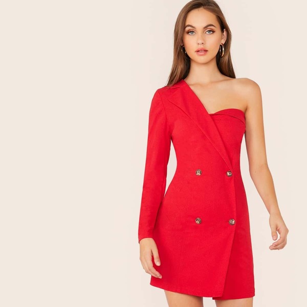 

Double Breasted Collared One Shoulder Dress, Red