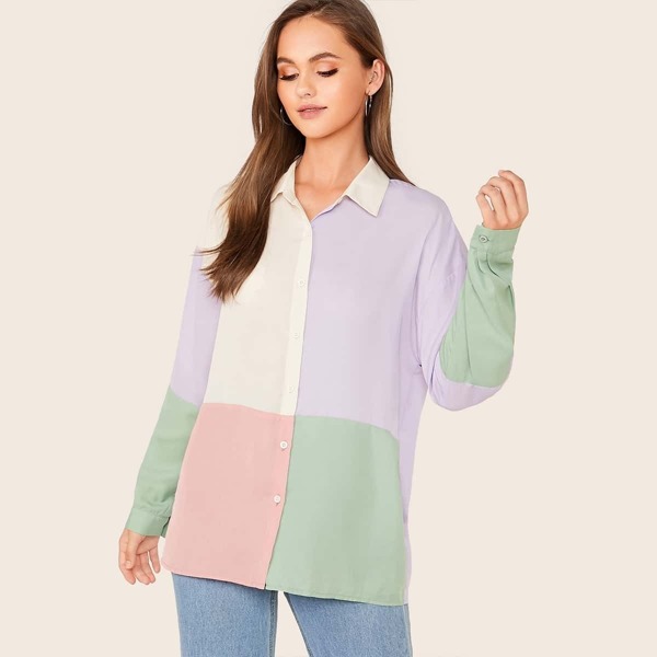 

Drop Shoulder Cut-and-Sew Shirt, Multicolor