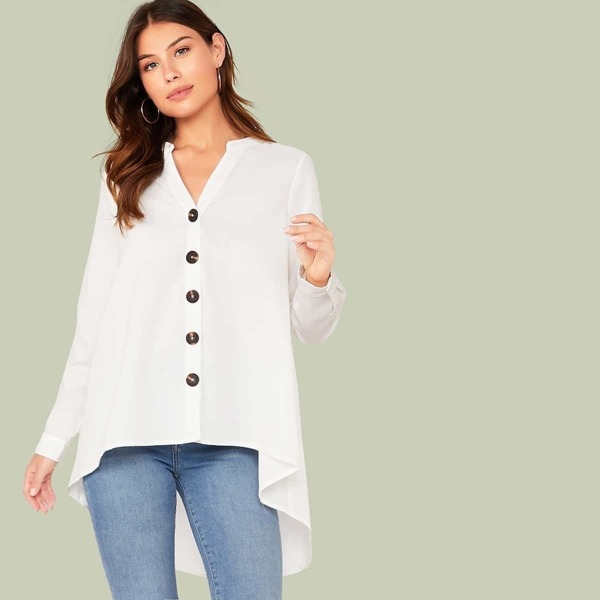 

Button Front High Low Hem Top, White
