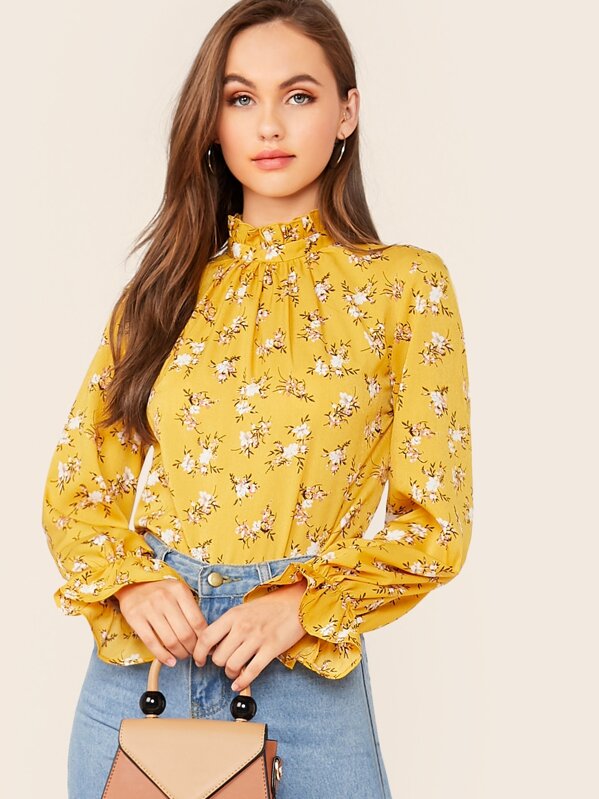 

Floral Frill Trim Flounce Sleeve Top, Yellow, Lily Easton