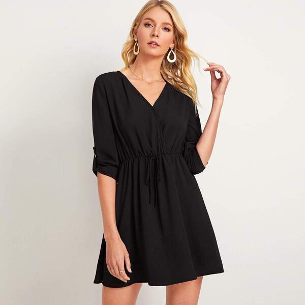 

V-neck Drawstring Waist Roll Tab Sleeve Flare Dress, Black