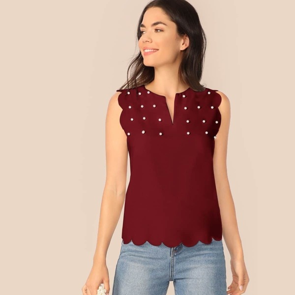 

V-cut Neck Scallop Trim Pearls Beaded Top