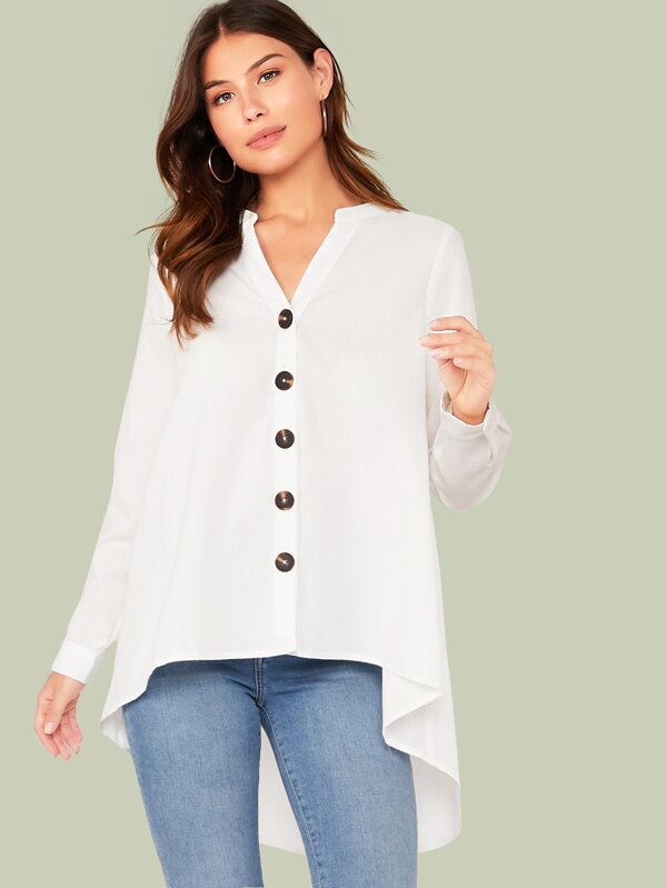 

Button Front High Low Hem Top, White, Carmen S