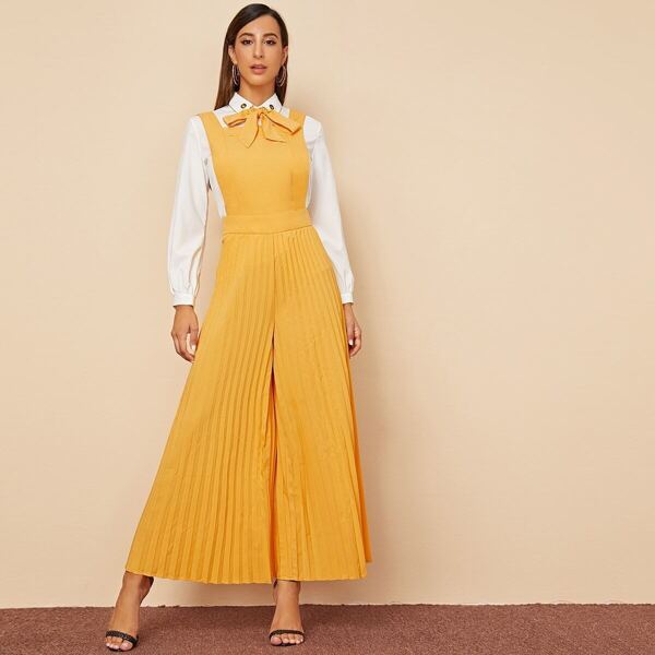 

Belted Pleated Palazzo Pinafore Jumpsuit With Tube, Yellow