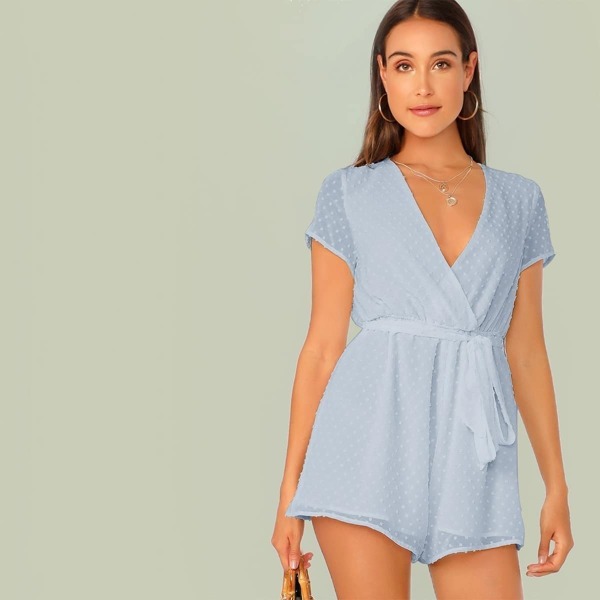 

Surplice Neck Self Belted Swiss Dot Romper, Blue pastel