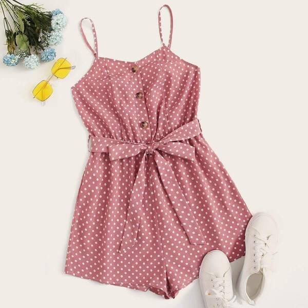 

Button Front Polka Dot Belted Romper, Pink