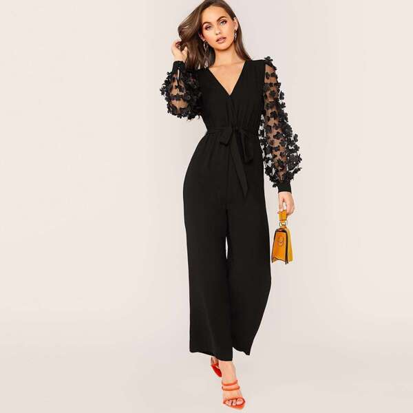 

3D Applique Mesh Sleeve Belted Jumpsuit