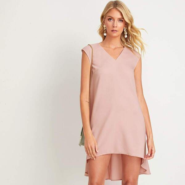 

V-neck Dip Hem Solid Dress, Pink pastel