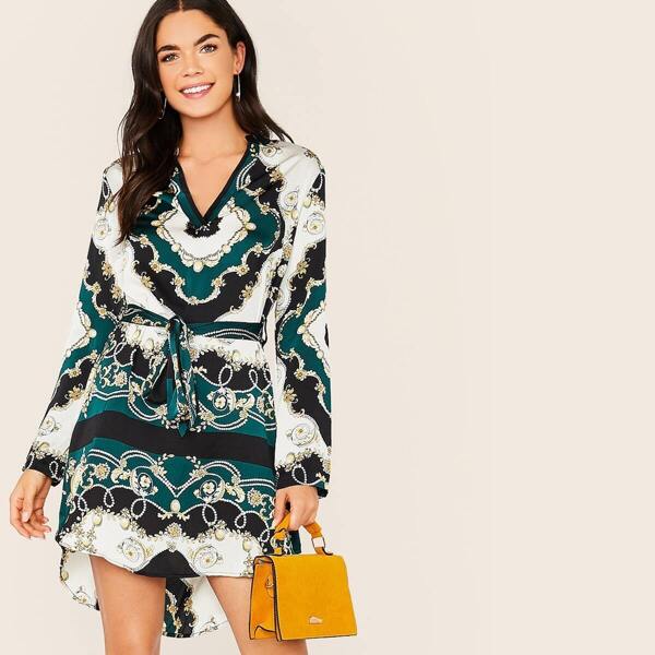

Scarf Print High Low Hem Belted Satin Dress, Multicolor