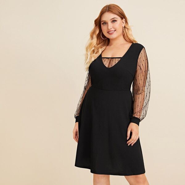 

Plus High Waist Embroidery Mesh Insert Flare Dress