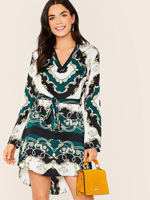 

Scarf Print High Low Hem Belted Satin Dress, Multicolor, Aarika Wolf