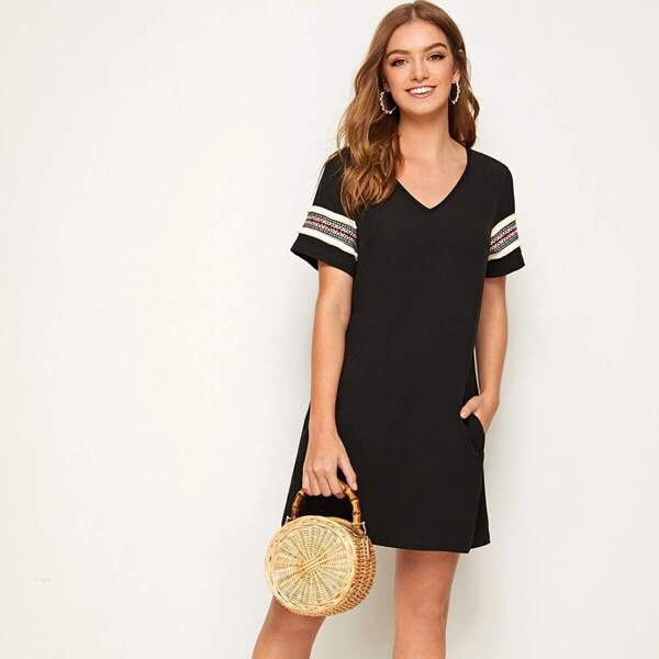 

Contrast Tape Sleeve Pocket Detail Tunic Dress, Black