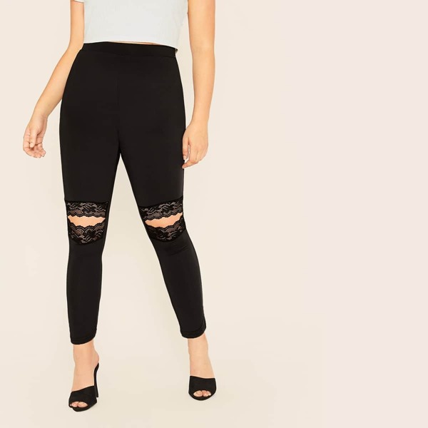 

Plus Solid Cut Out Lace Insert Leggings, Black